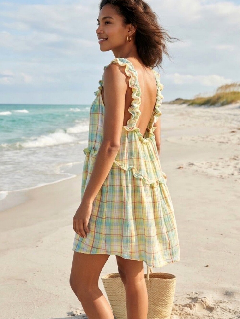 Anthropologie Plaid Tiered Ruffle Mini Dress Size Medium